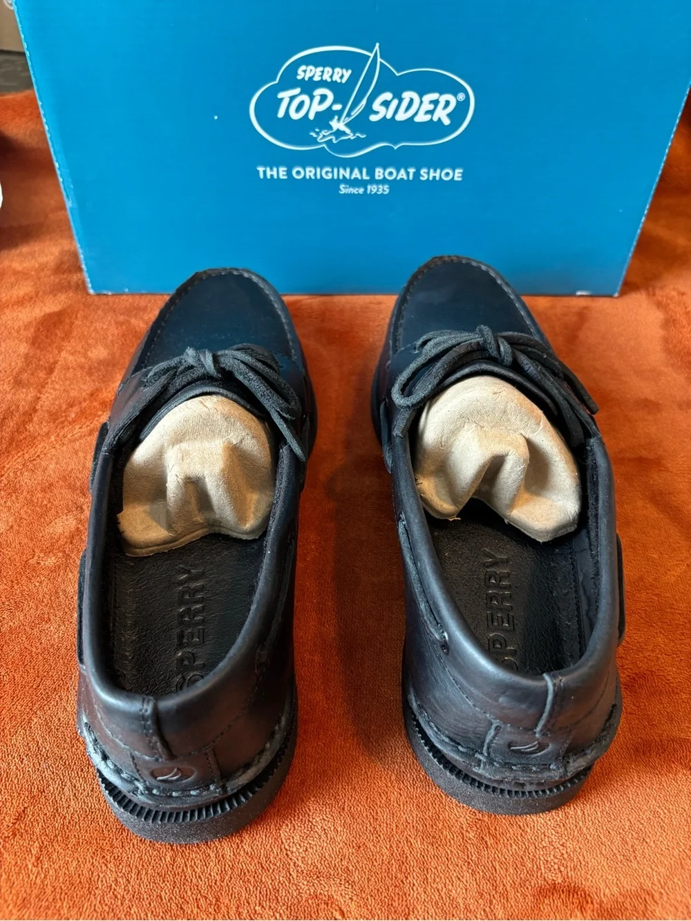 Sperry Men’s Black Leather Moc-Toe Boat Shoes